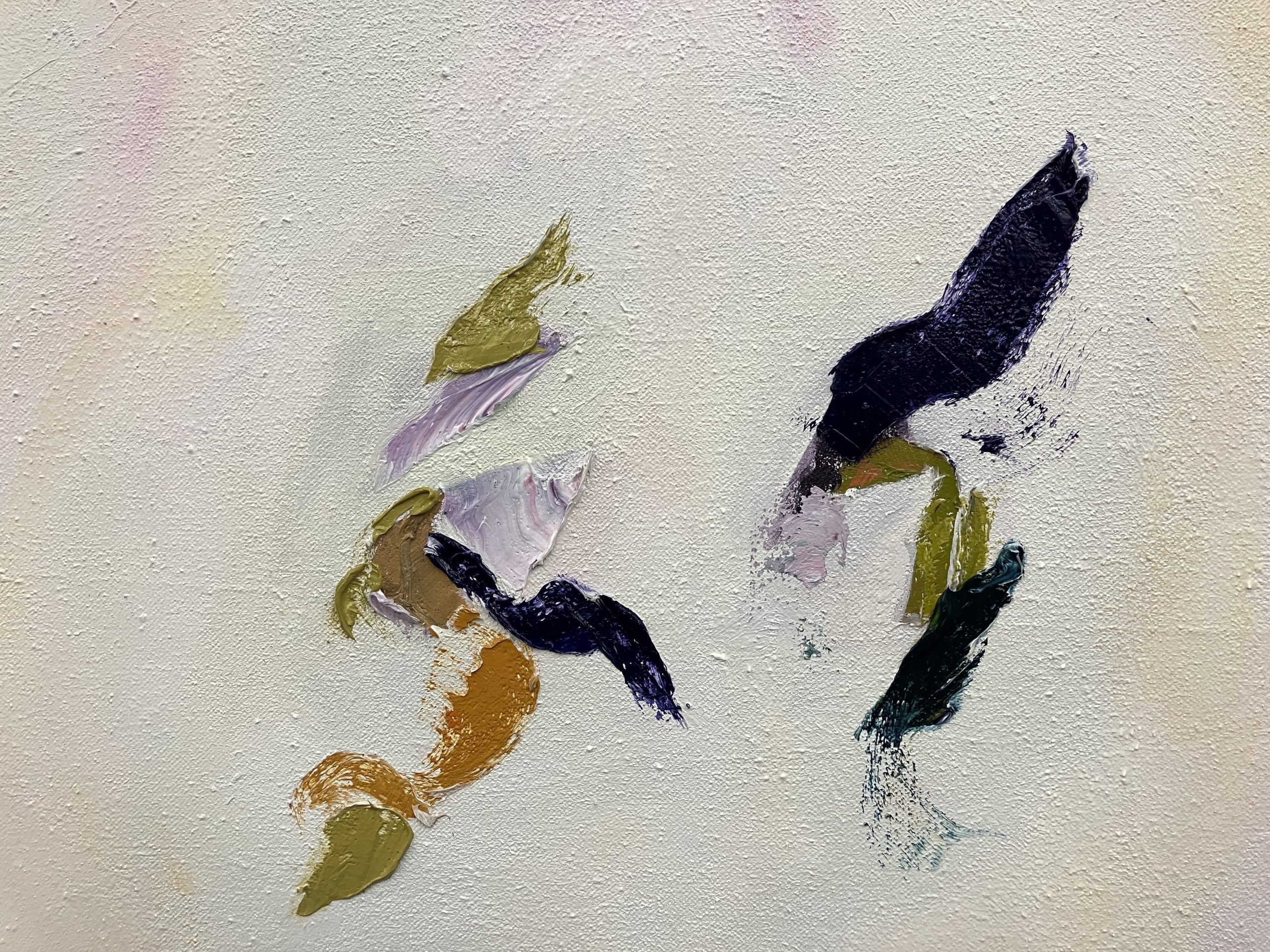 Two skier-like shapes stand side by side. Main colors include ochre, dark purple, and forest green.