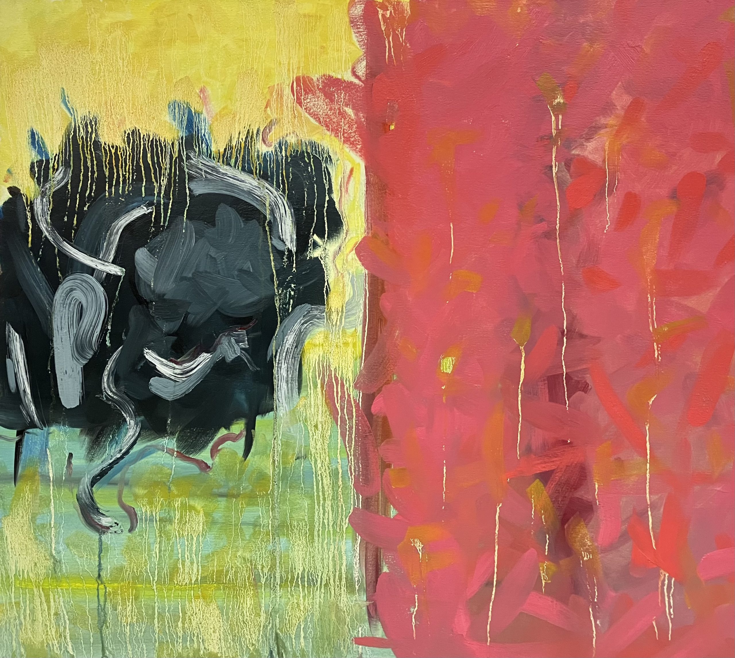 Bright pink and red sit on the right side of a bisected canvas. On the left side is a large black and grey bundle in front of a yellow and green translucent background. Linseed oil drips reveal earlier drafts of the paintings.