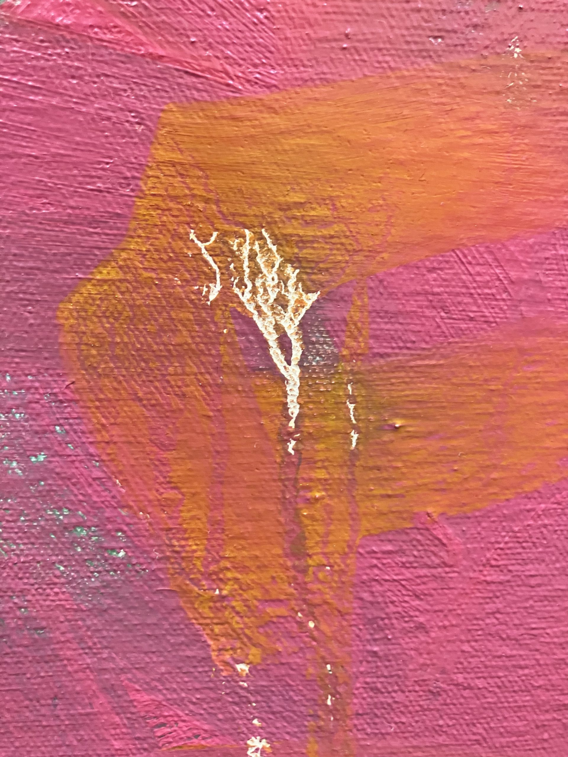 Close-up of the linseed oil drips on the red right side of the canvas. Primary colors are red/pink, yellow, and white.