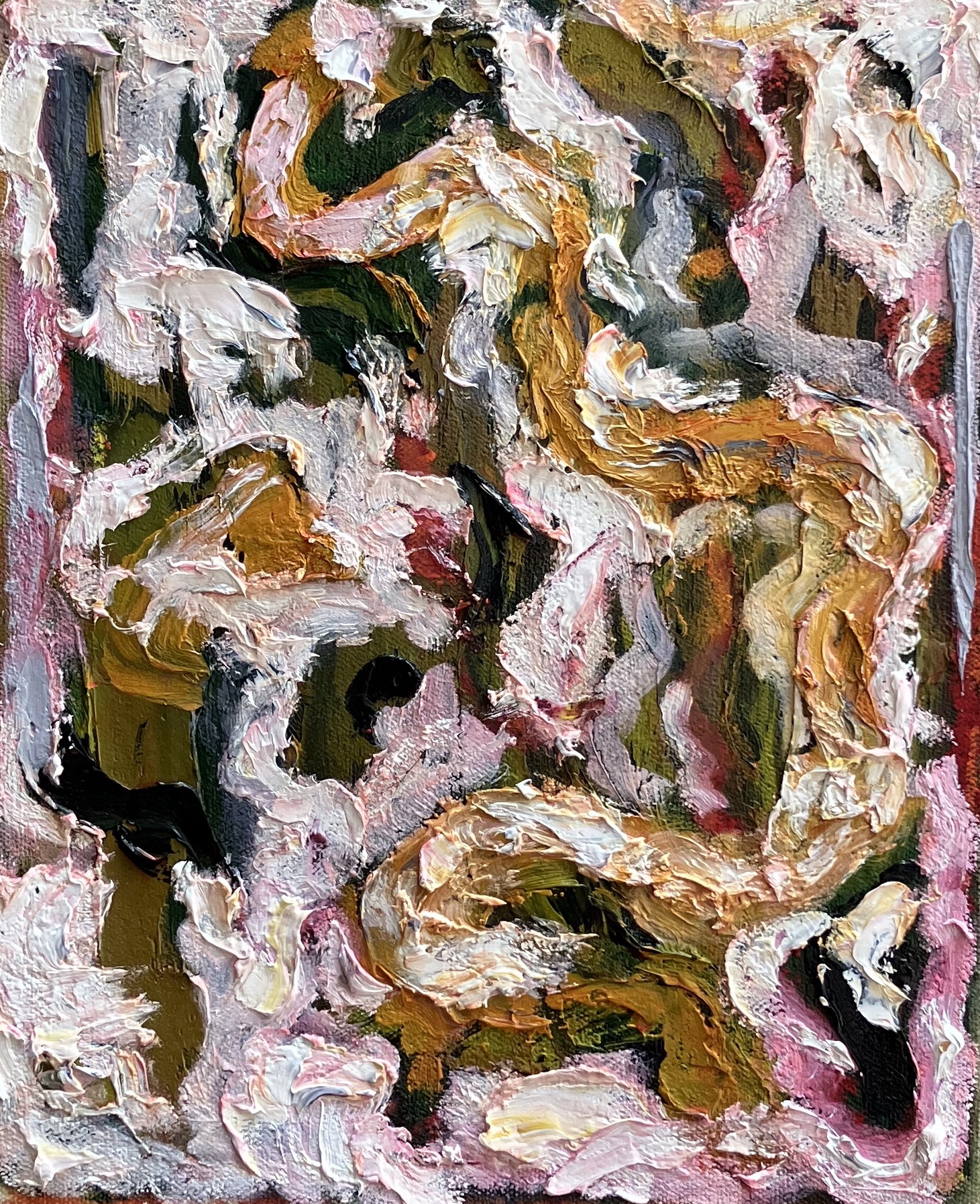 Impasto application, deep ochre, moss green, white, and red bring out this pet's playful nature. Long streams of yellow and white create through-lines in what is otherwise her chaotic energy. 