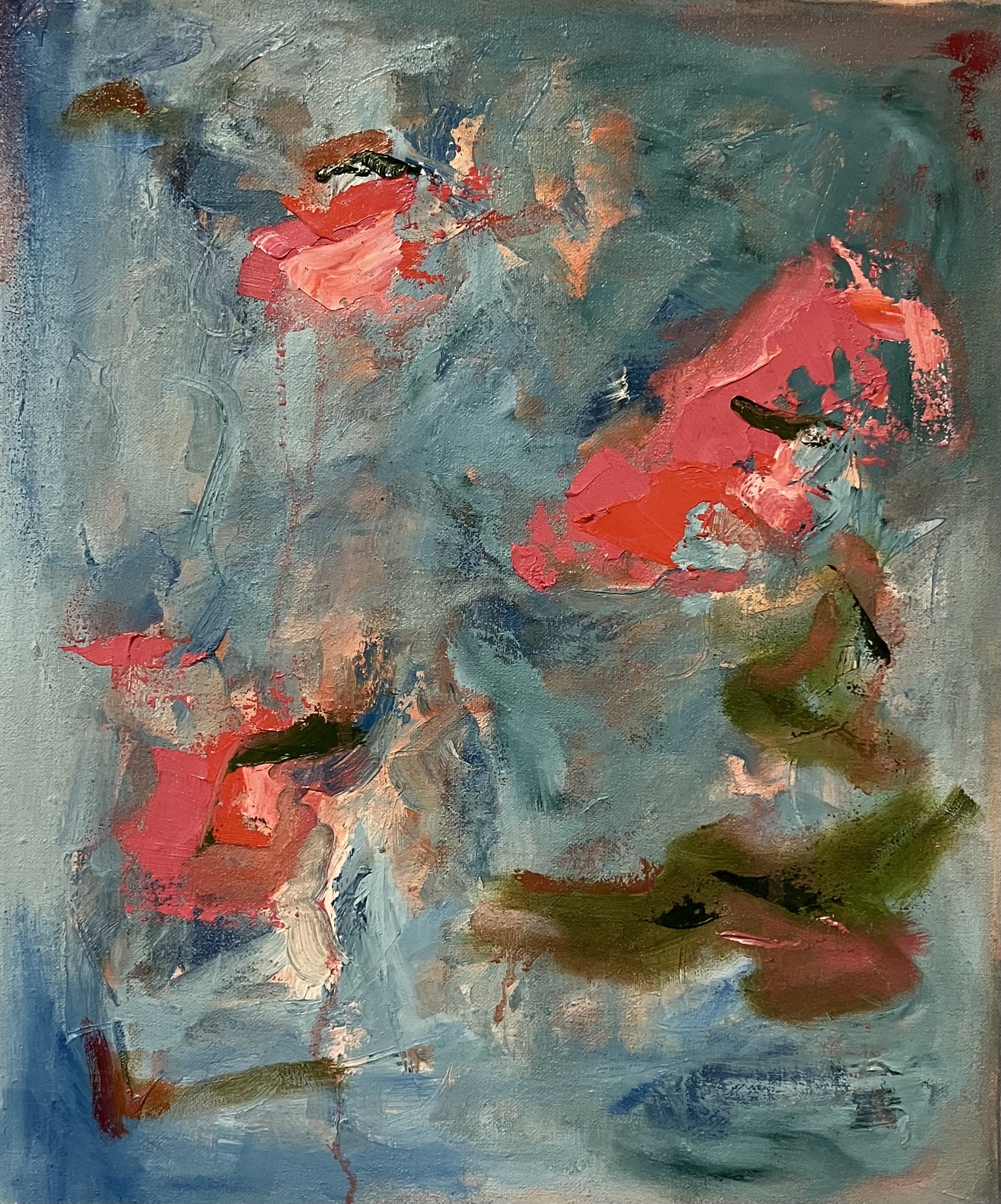 Etherial blues and browns layered behind three sections of rich pink, which are applied in the impasto style. Soft greens applied with a blending brush add a gentleness to this pet's otherwise sharp behavior. 